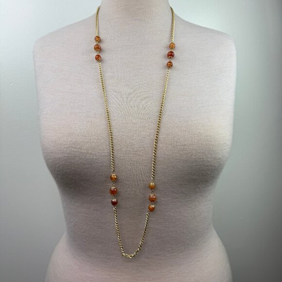 Vintage Jewelry - Vintage Lucite Amber Station Beads Gold Tone Chain Necklace 45"